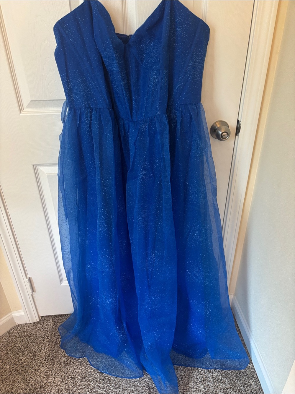 Strapless Royal Blue Sparkle Maxi Dress
